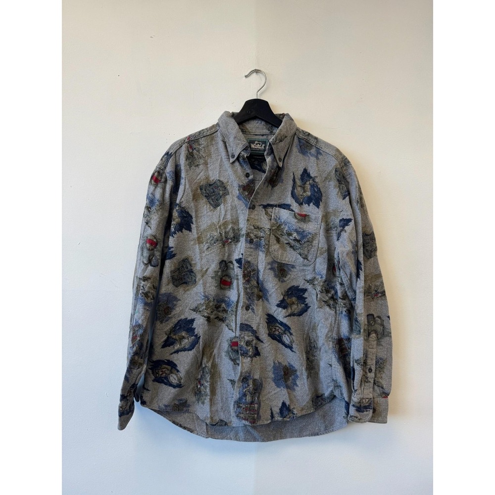 Vintage Woolrich Shirt‎ Mens Large Gray Outdoor Fishing Camp Chamois Flannel 90s